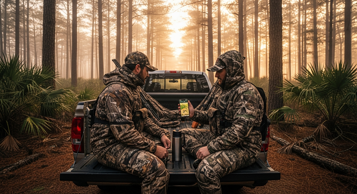 Two hunters in camouflage sitting on a pickup tailgate at dawn in a Southern pine forest, looking at a smartphone together with morning fog in the background
