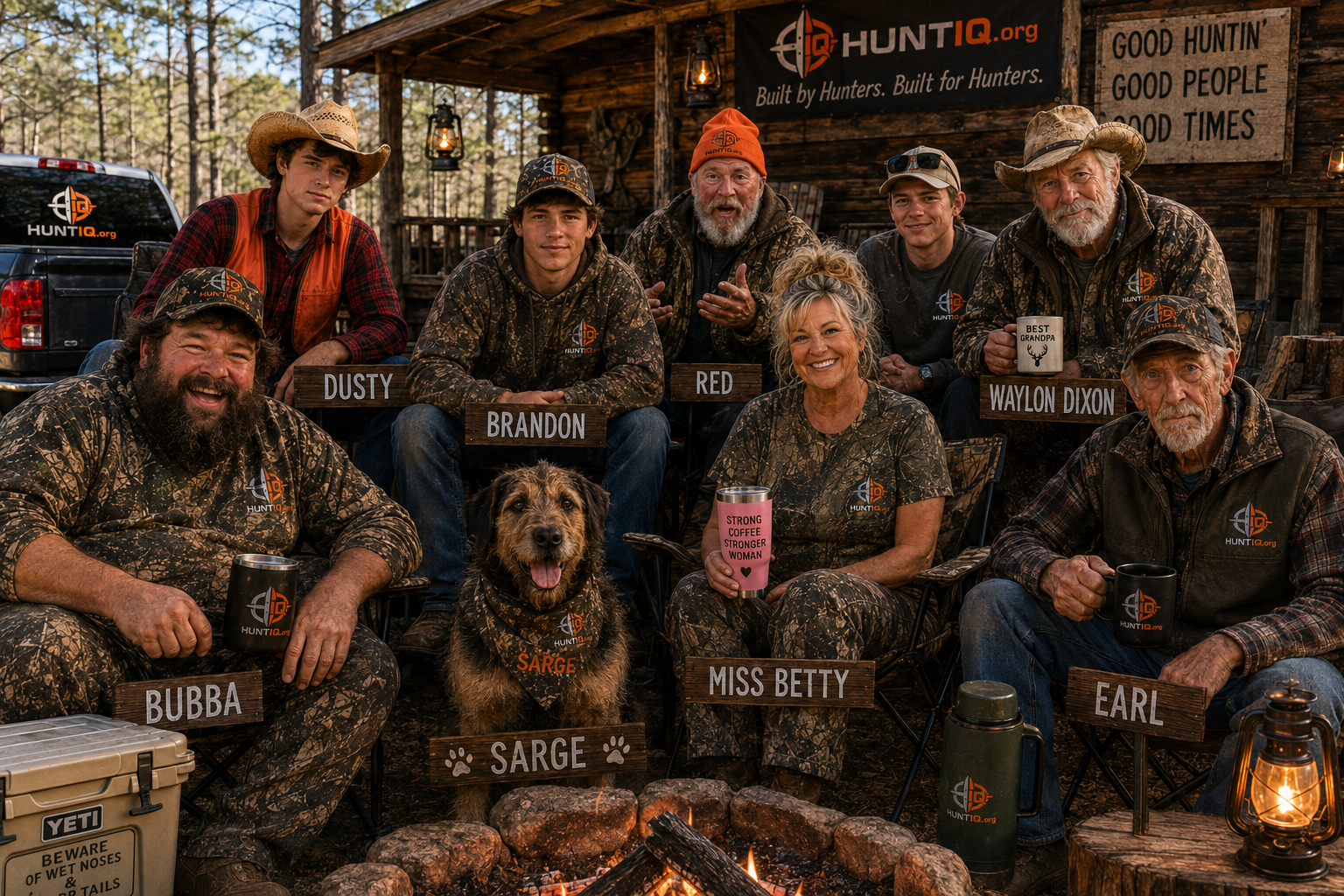 The HuntIQ deer camp crew — Bubba, Dusty, Brandon, Red, Tommy, Waylon Dixon, Miss Betty, Sarge, and Earl gathered around a campfire