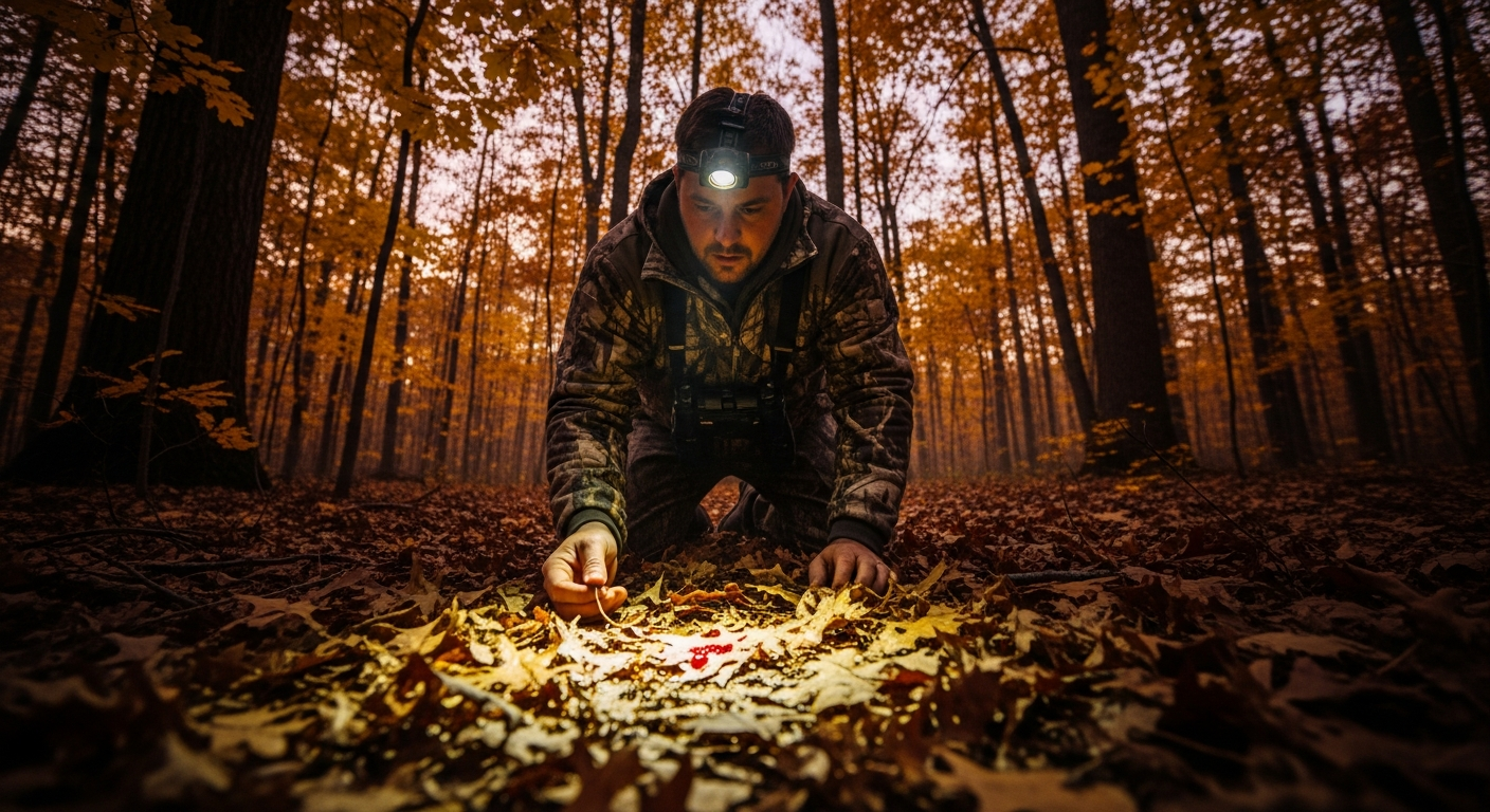 Southern deer hunter kneeling in autumn hardwood forest examining blood drops on fallen oak leaves while tracking a wounded deer