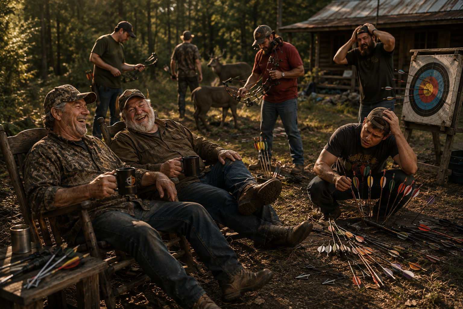 Hunters at deer camp laughing in rocking chairs with bows, arrows, and an archery target nearby as bow season approaches