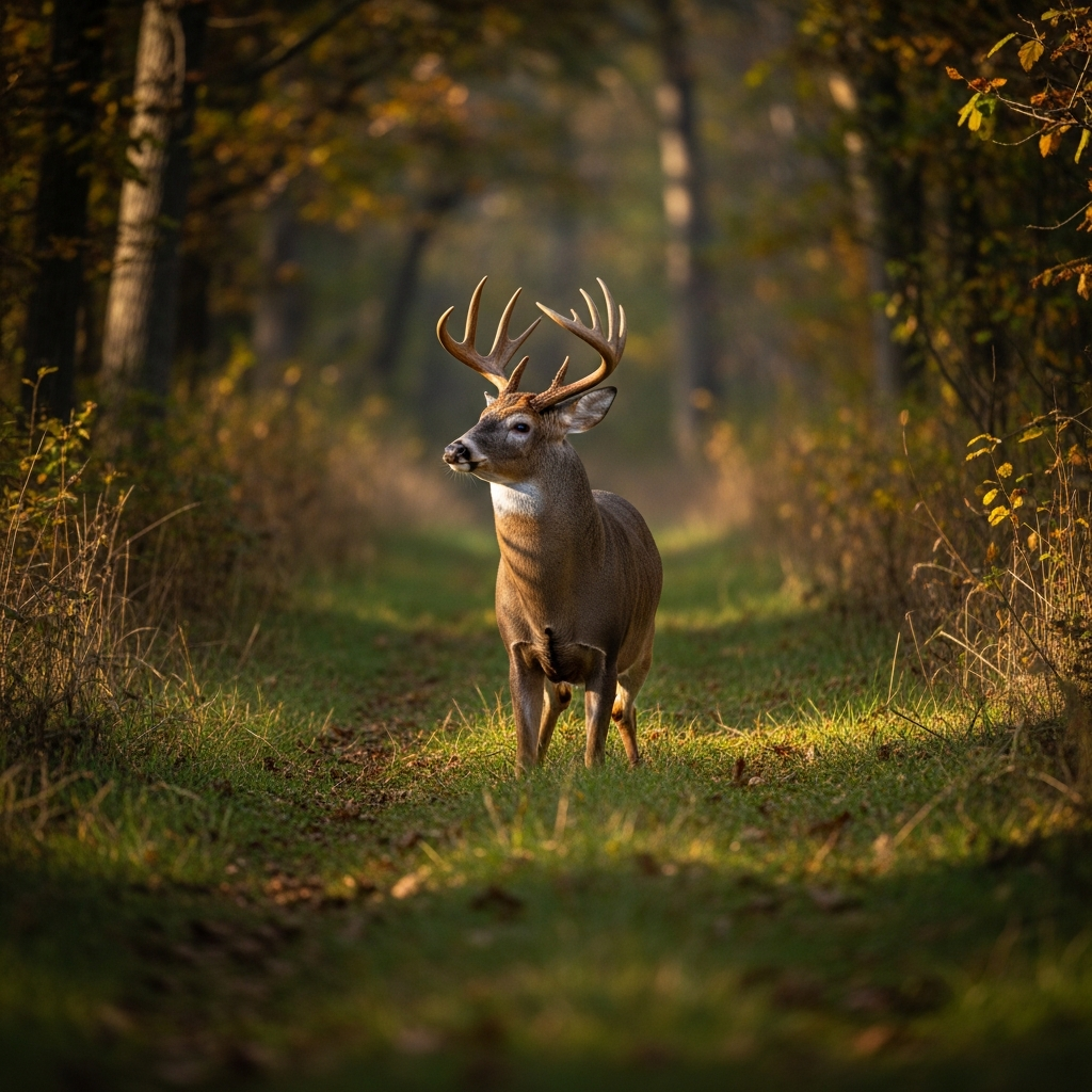 Broadside whitetail deer standing in a clear woodland shooting lane