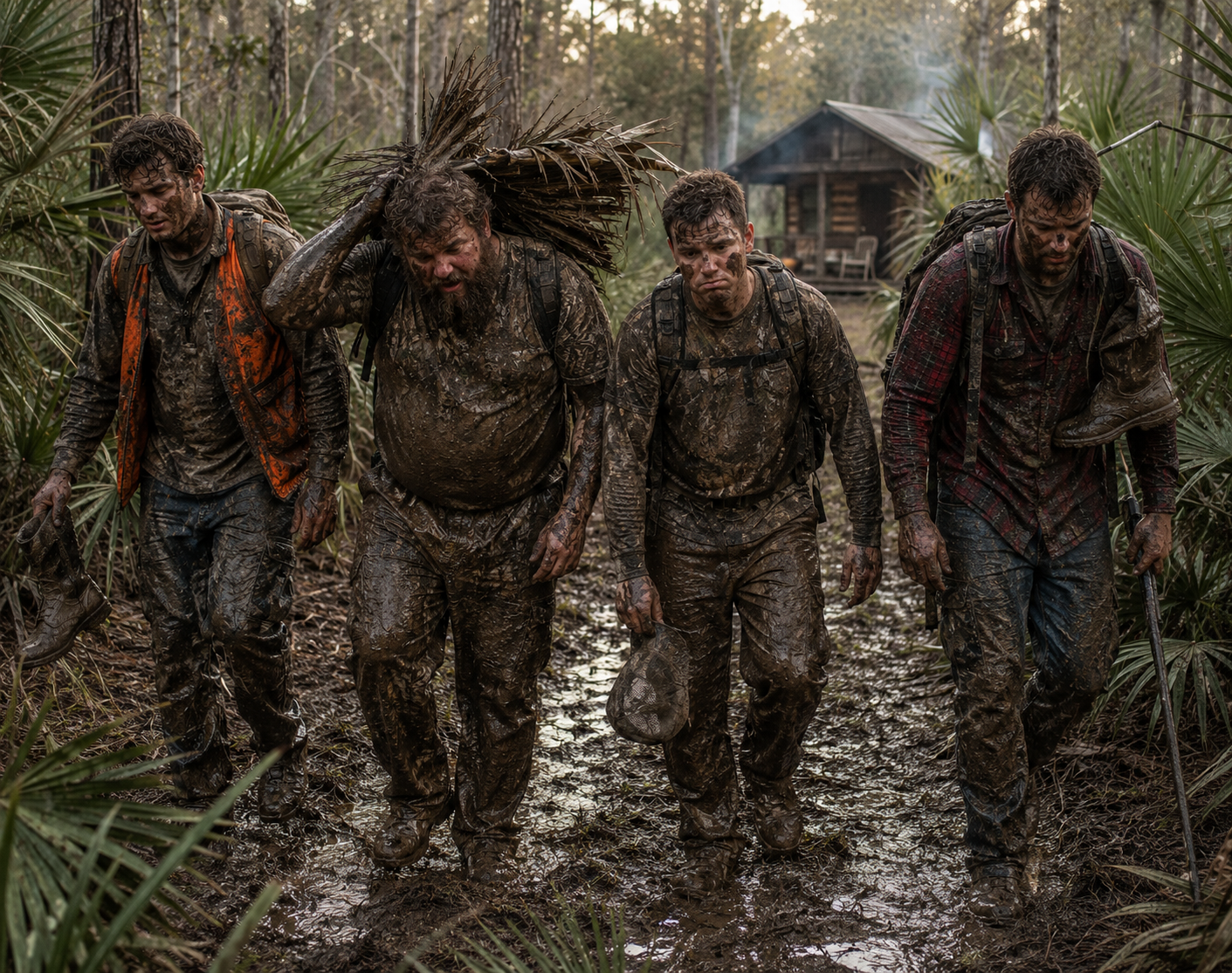 Bubba and the young guns — four hunters covered head to toe in mud stumbling out of the Florida swamp back toward the deer camp cabin