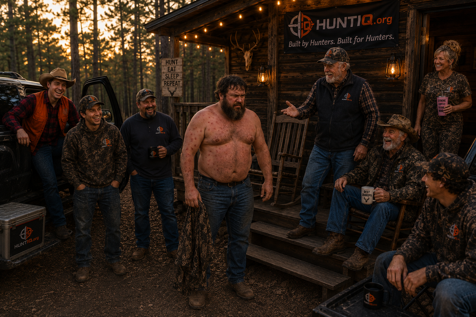 The HuntIQ deer camp crew — Bubba, Earl, Miss Betty, Waylon Dixon, Brandon, Red, Dusty, and Sarge gathered around a campfire outside the hunting cabin