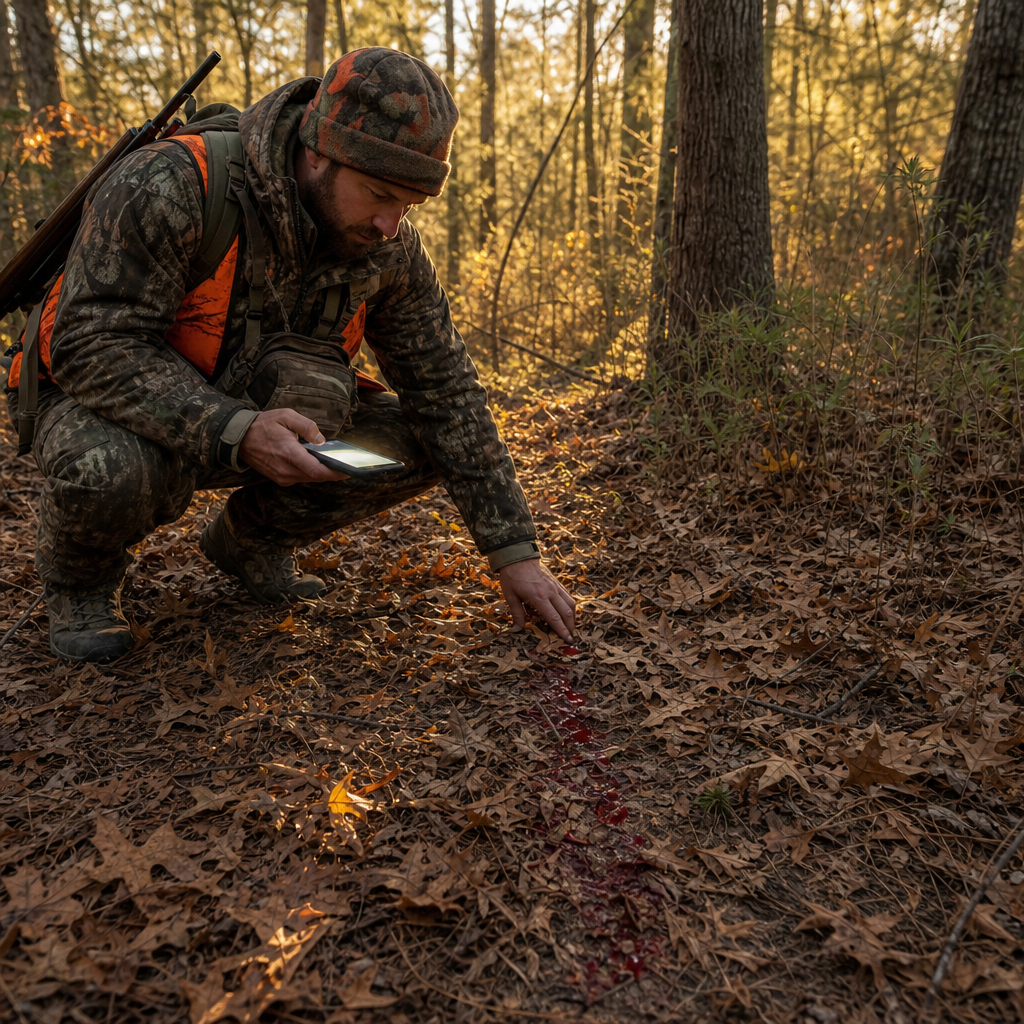 Hunter using the HuntIQ Blood Tracker to examine a faint deer blood trail on leaves in a woodland forest.
