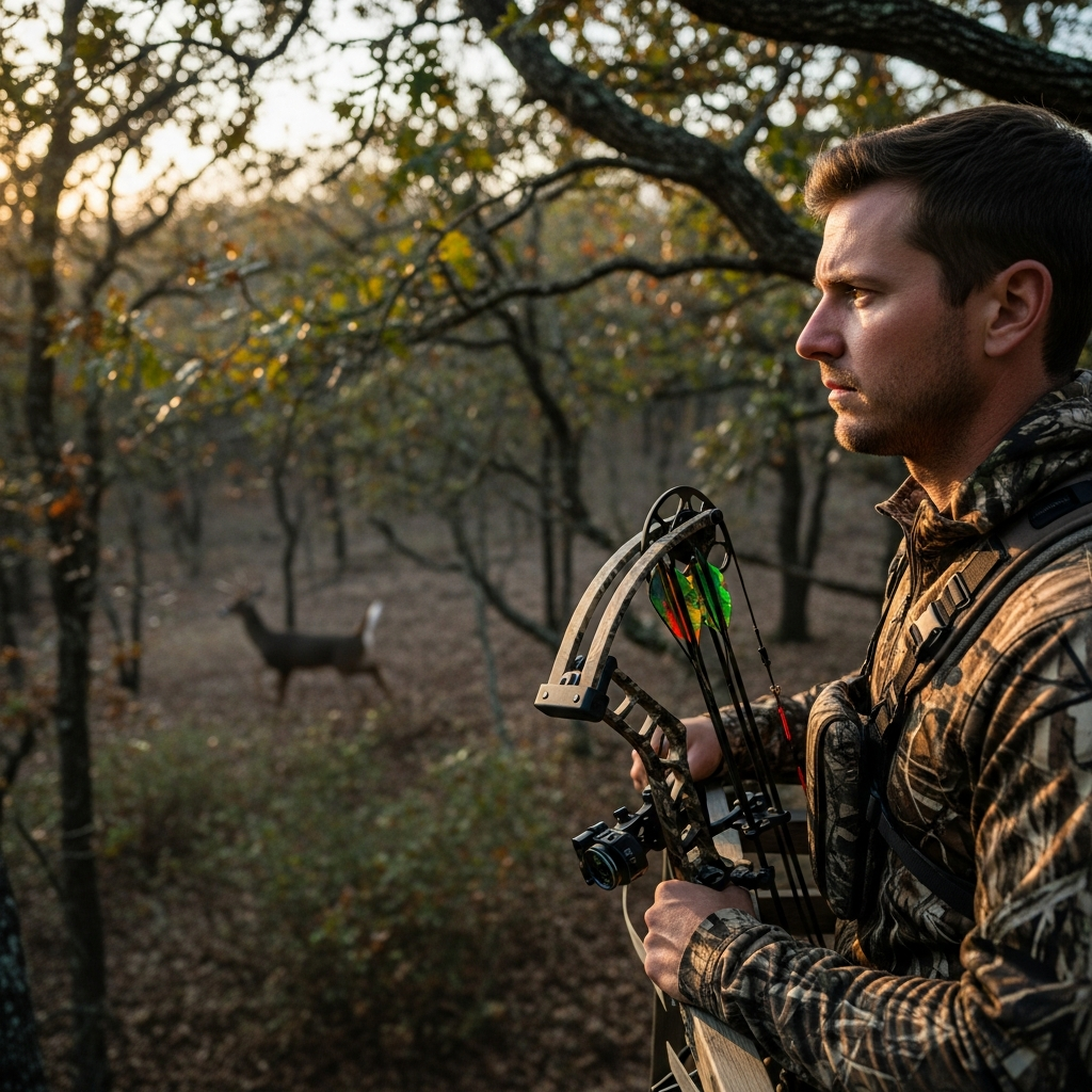 Bowhunter in a deer stand watching a whitetail run away through the trees after the shot, studying its body language and reaction