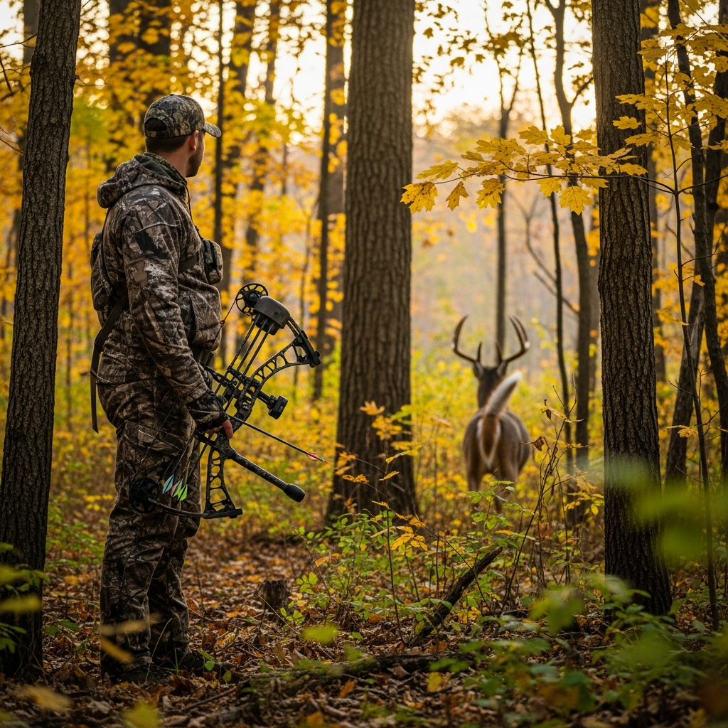 Bowhunter standing quietly in the woods after releasing an arrow, watching a mature whitetail disappear into thick timber while studying its reaction