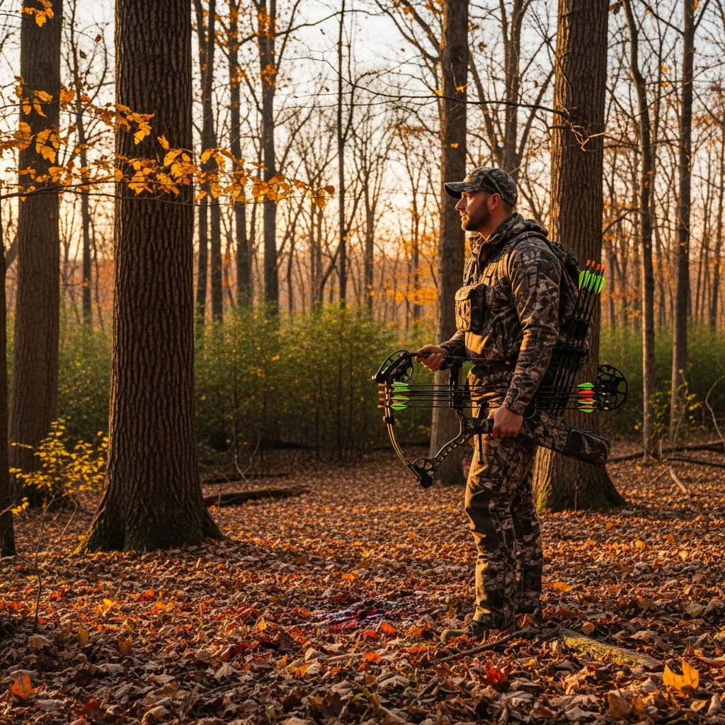 Bowhunter standing quietly in the woods beside the spot where a deer was shot, looking toward the direction the buck ran into thick timber before beginning the track