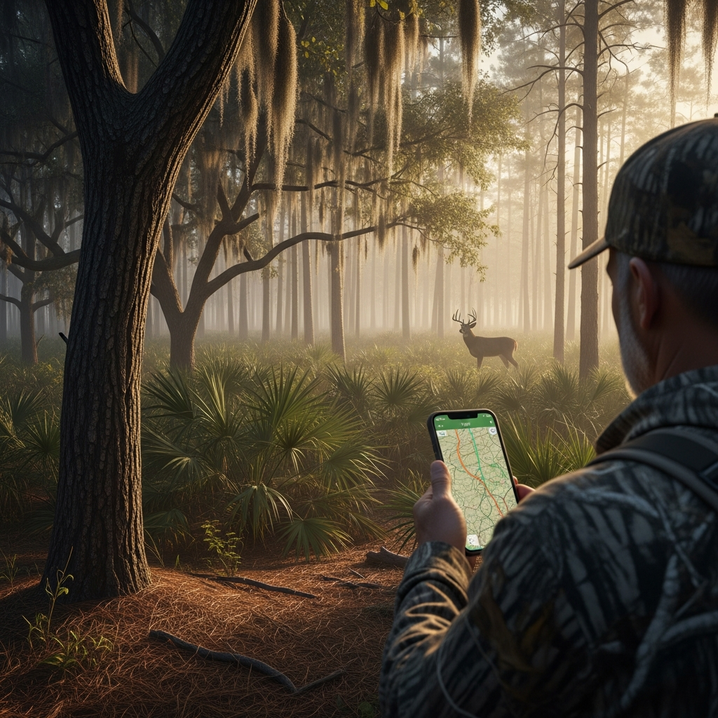 Southern whitetail deer hunter in camo checking a hunting app on his smartphone at first light while a mature buck stands in the misty background