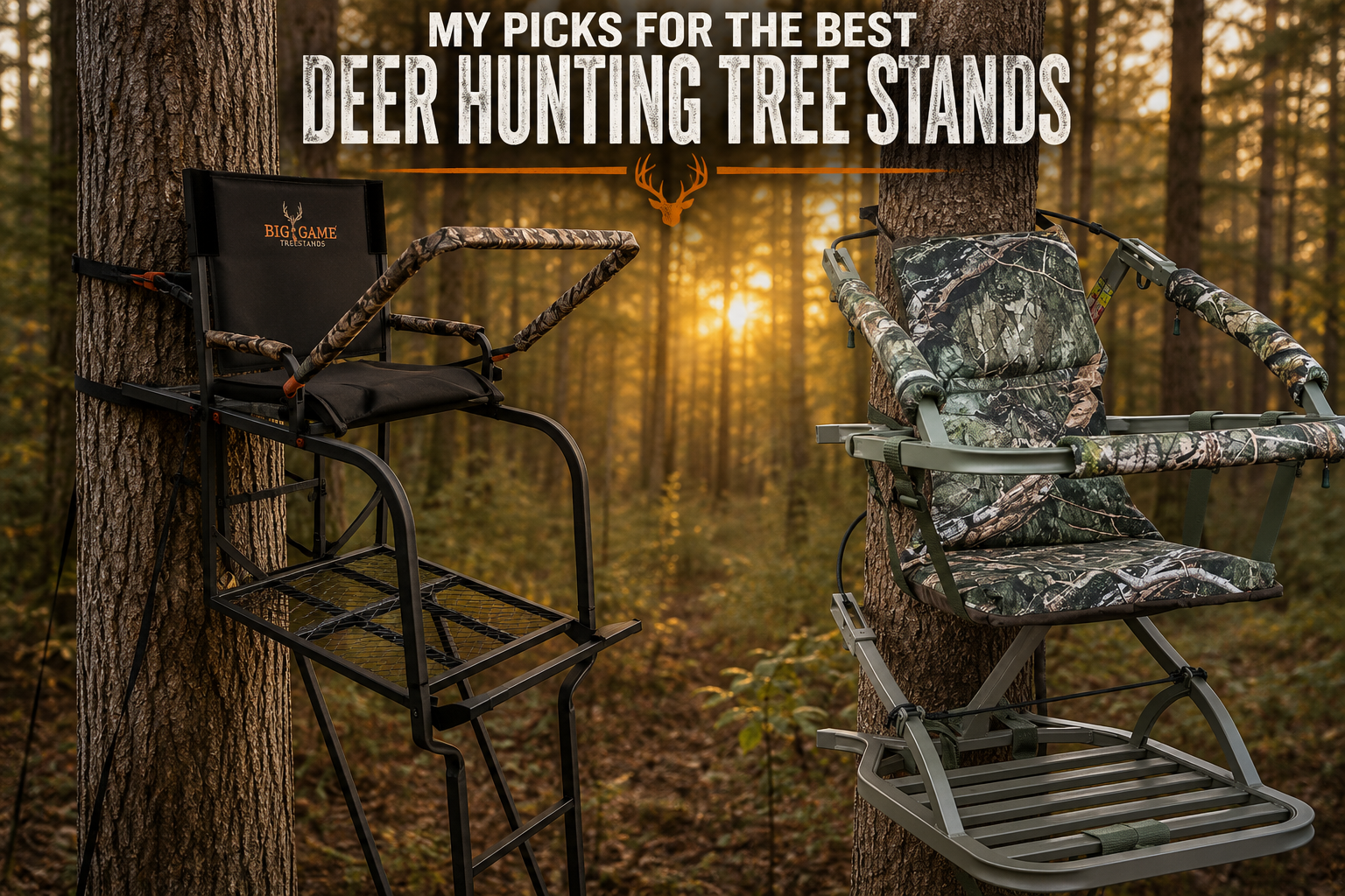 My Picks for the Best Deer Hunting Tree Stands — Big Game ladder stand and Summit climbing stand mounted on trees in a sunlit forest