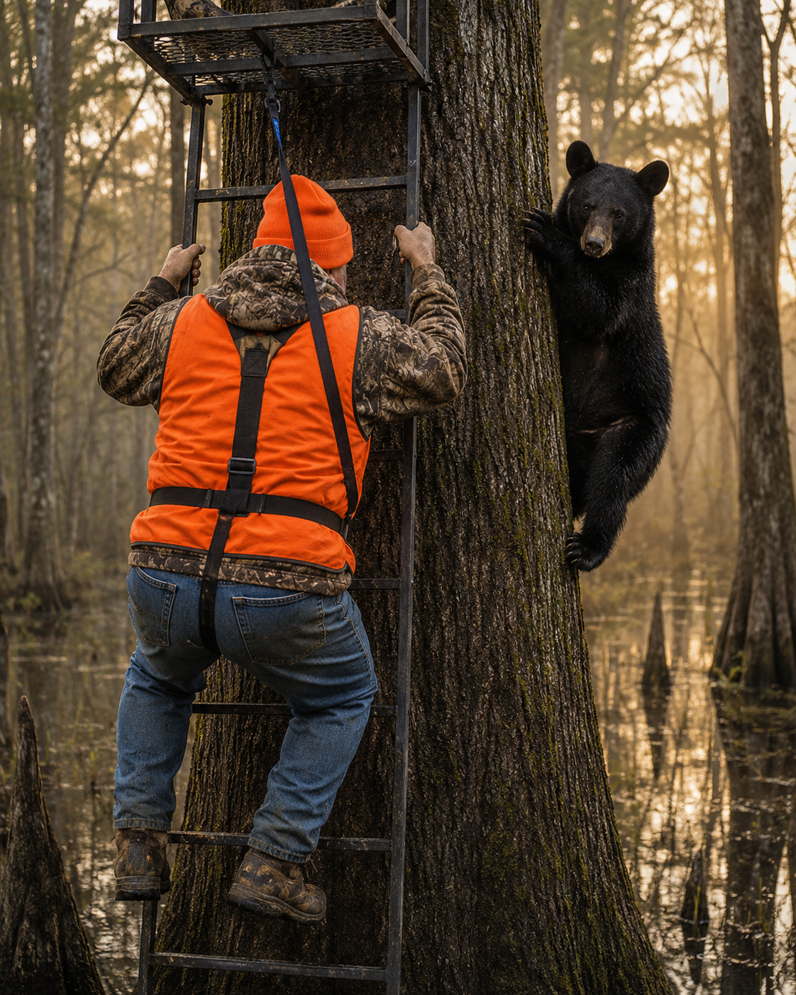Ol' Red hanging from his safety harness while a black bear climbs down the back side of the tree in a swamp.