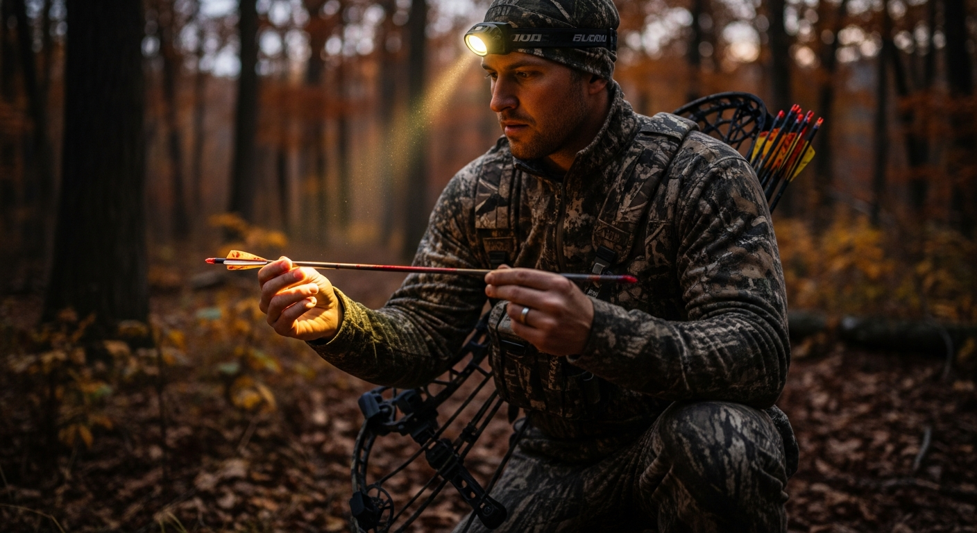 Bowhunter kneeling in autumn woods carefully examining a blood-stained arrow before beginning to track a deer
