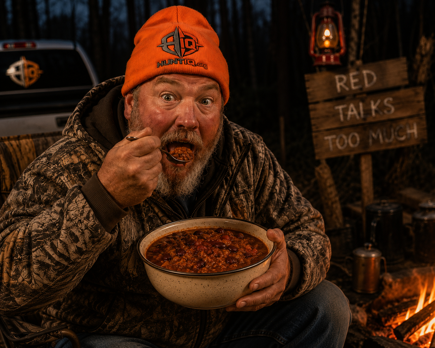 Red sitting at the campfire wearing an orange HuntIQ beanie, holding a full bowl of Miss Betty's chili with a spoon raised and a wide-eyed grin on his face, lantern and 'Red Talks Too Much' sign in the background