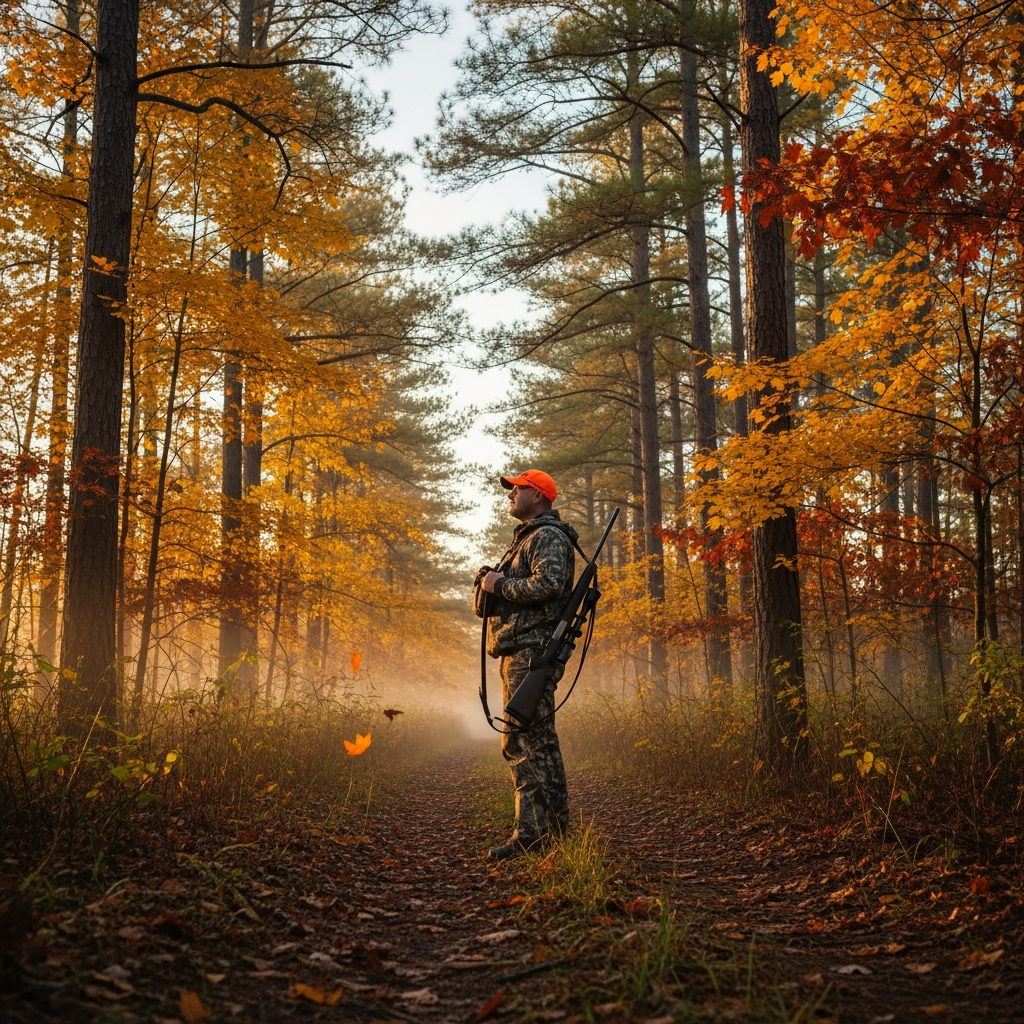 A lone Southern deer hunter pausing on a woodland trail at first light, pine forest and golden autumn leaves, early morning mist, cinematic hunting photography