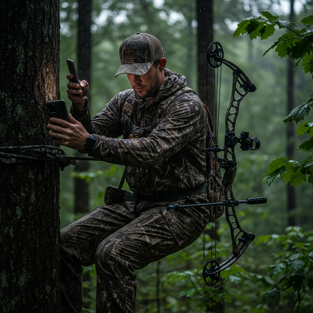Bowhunter carefully climbing down from his tree stand at dusk as a light rain begins to fall, phone already open and ready before he starts tracking