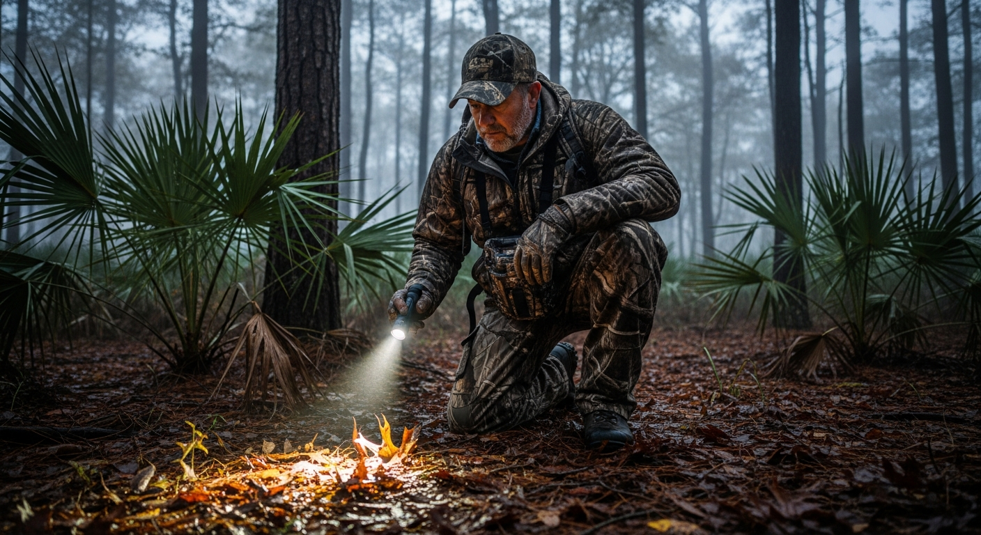 Experienced southern deer hunter kneeling in autumn woods at dusk, flashlight in hand, carefully studying fallen leaves on the ground looking for a blood trail