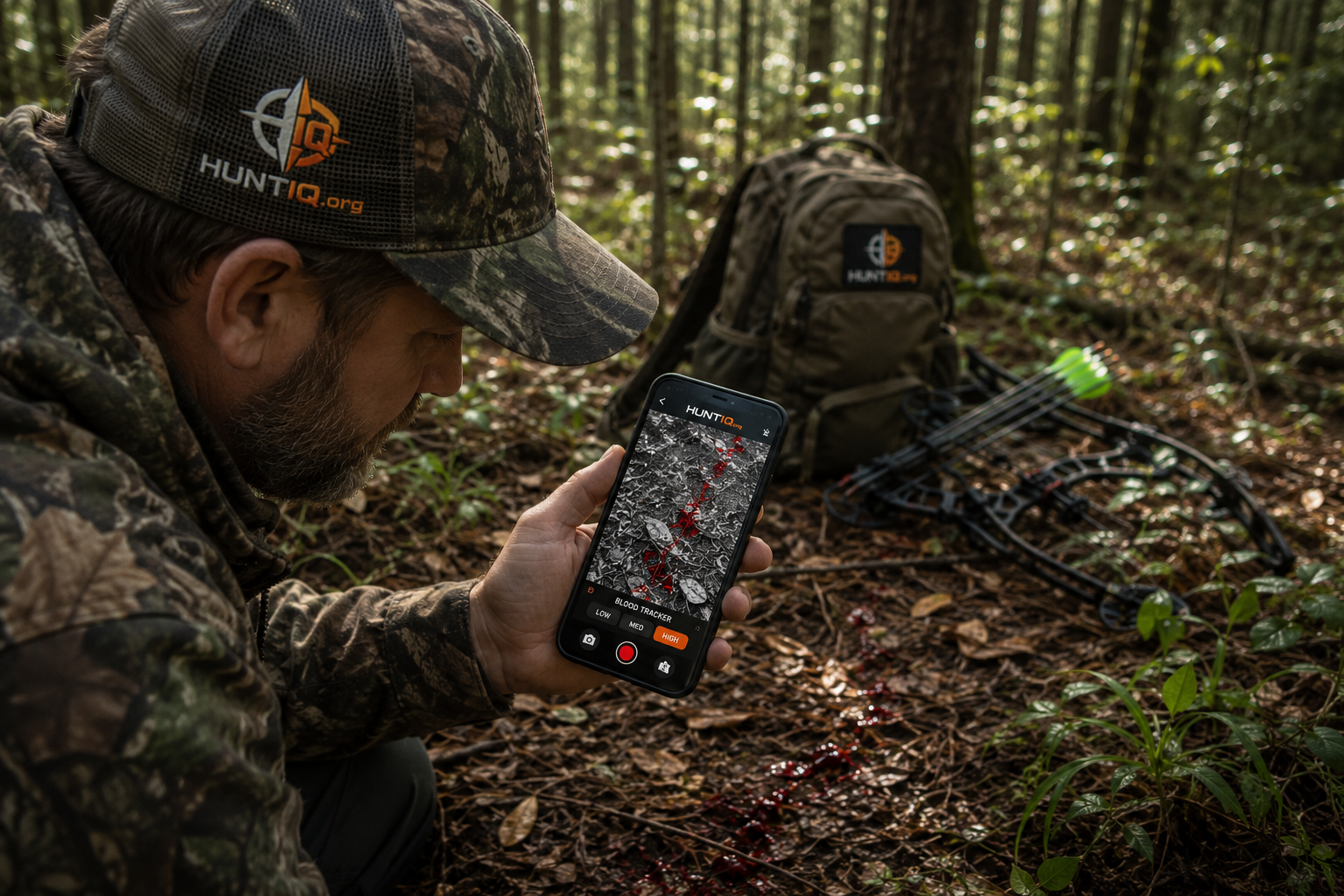 A hunter in camouflage using the HuntIQ Blood Tracker on his phone while kneeling over a blood trail in the woods with a compound bow in the background