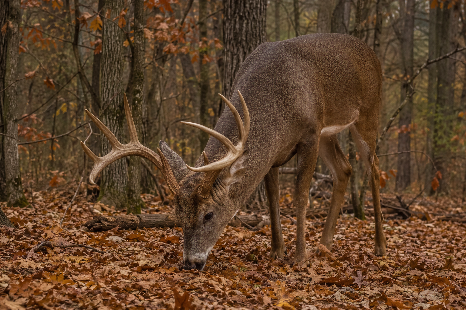 White-tailed deer feeding on natural browse and seasonal food sources.