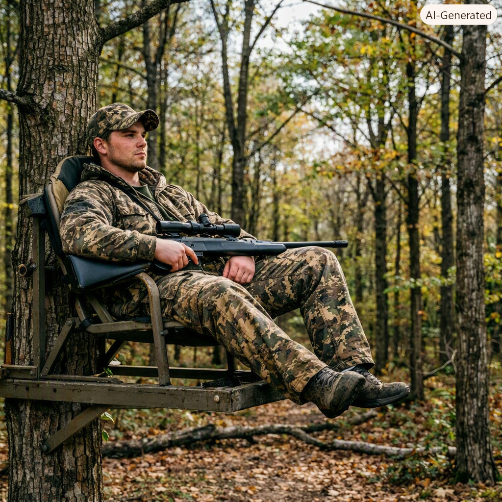 Hunter in full camouflage sitting patiently in a ladder stand deep in autumn woodland, rifle across his lap, waiting for buck movement.